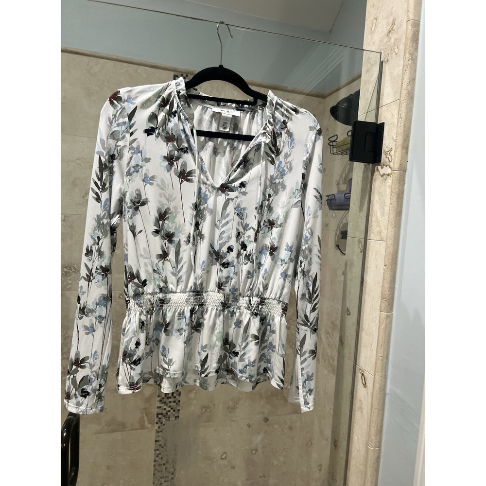 White House Black Market Floral Jersey Peplum Blouse White Blue S Long Sleeve